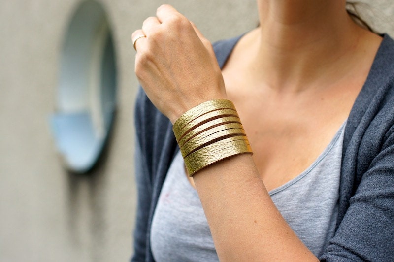 Gold Leather  Wrist Wrap Bracelet