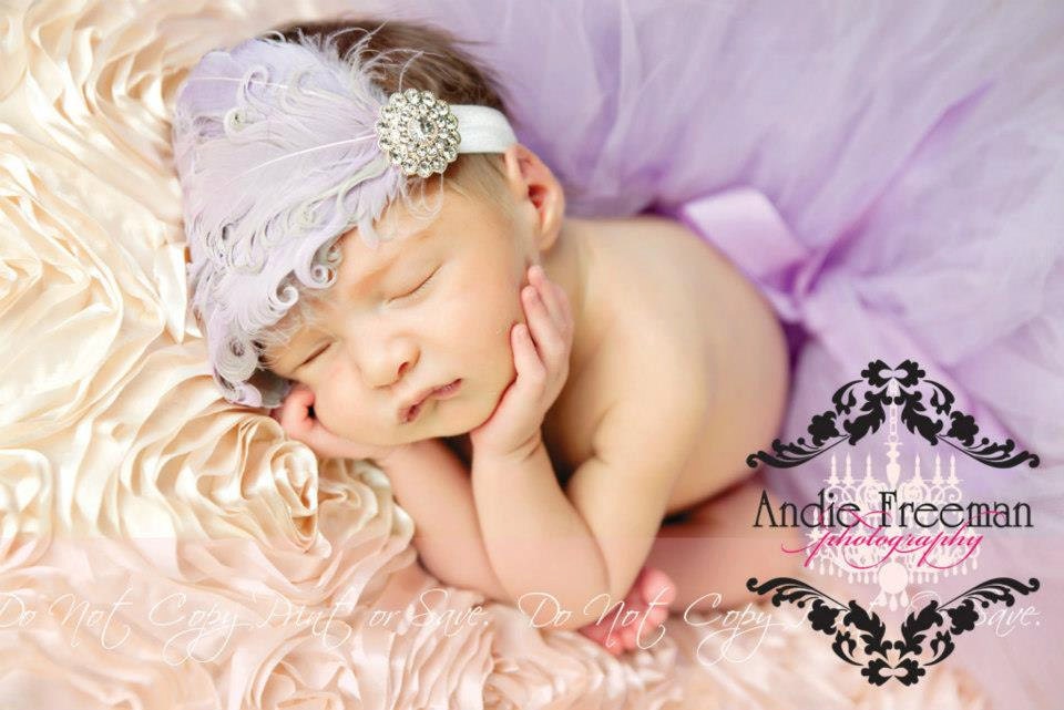 LAVENDER on SILVER Curled Goose Feather Headband - Perfect Photo Prop - Fits Newborns - Babies - Toddlers - Adults