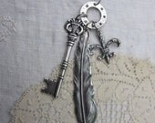 Antique Silver  Vintage Key, Bird Feather, Fleur de Lis Wedding Jewelry Bridesmaid Boho