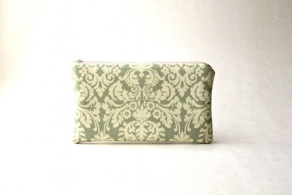Zipper Pouch - The new Simple Pouch in damask  cream and light blue - green  fabric -  Padded Pouch, Clutch, Pencil case, Cosmetic pouch