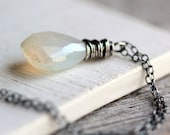 Mystic White Chalcedony Necklace on Oxidized Sterling Silver Chain Modern Minimalist - Frost