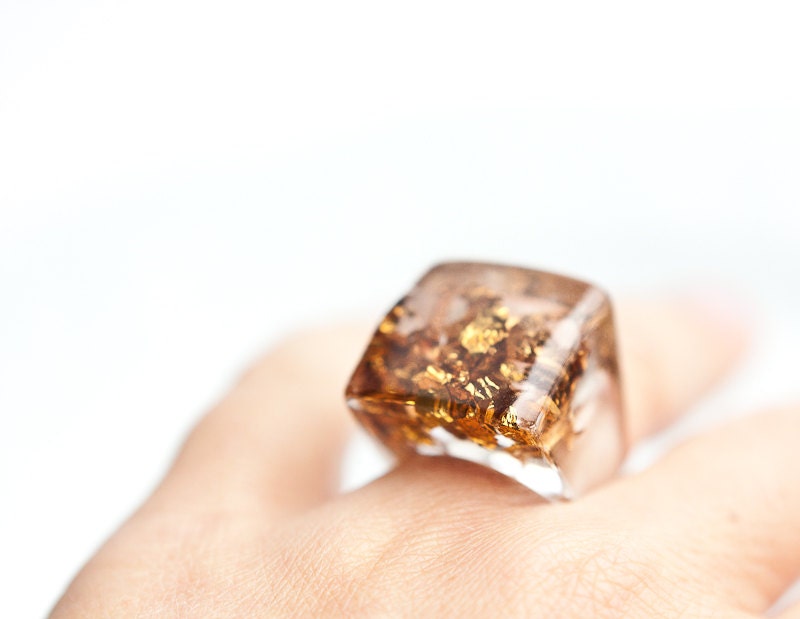 Resin Ring Copper Gold Flakes Square Shape Cocktail Ring OOAK brown geometric minimalist jewelry rusteam