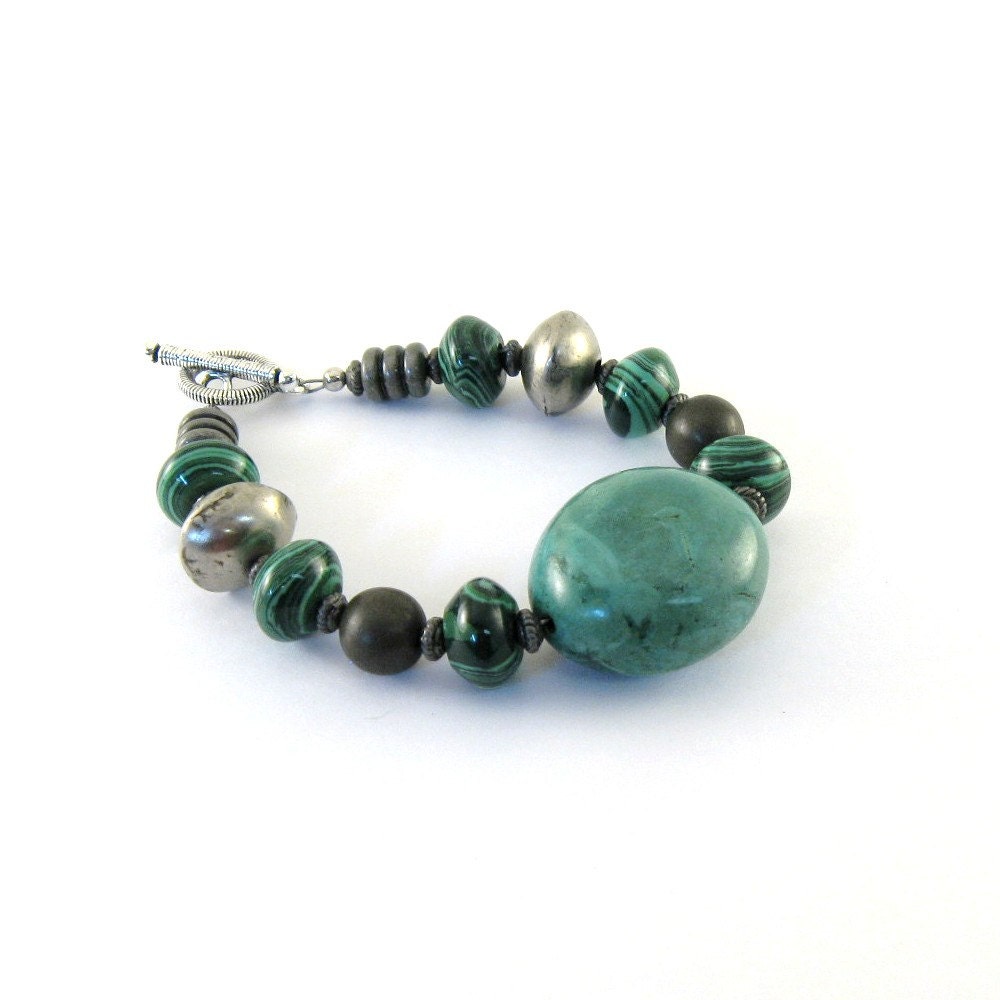 Chinese Turquoise Bracelet Green Gunmetal Beaded Silver Bracelet
