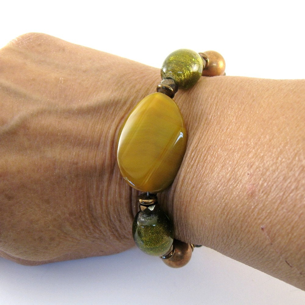 Lemon Agate Bracelet Lemon Lime Glass Antique Bronze Antique Copper Brown Beaded Bracelet
