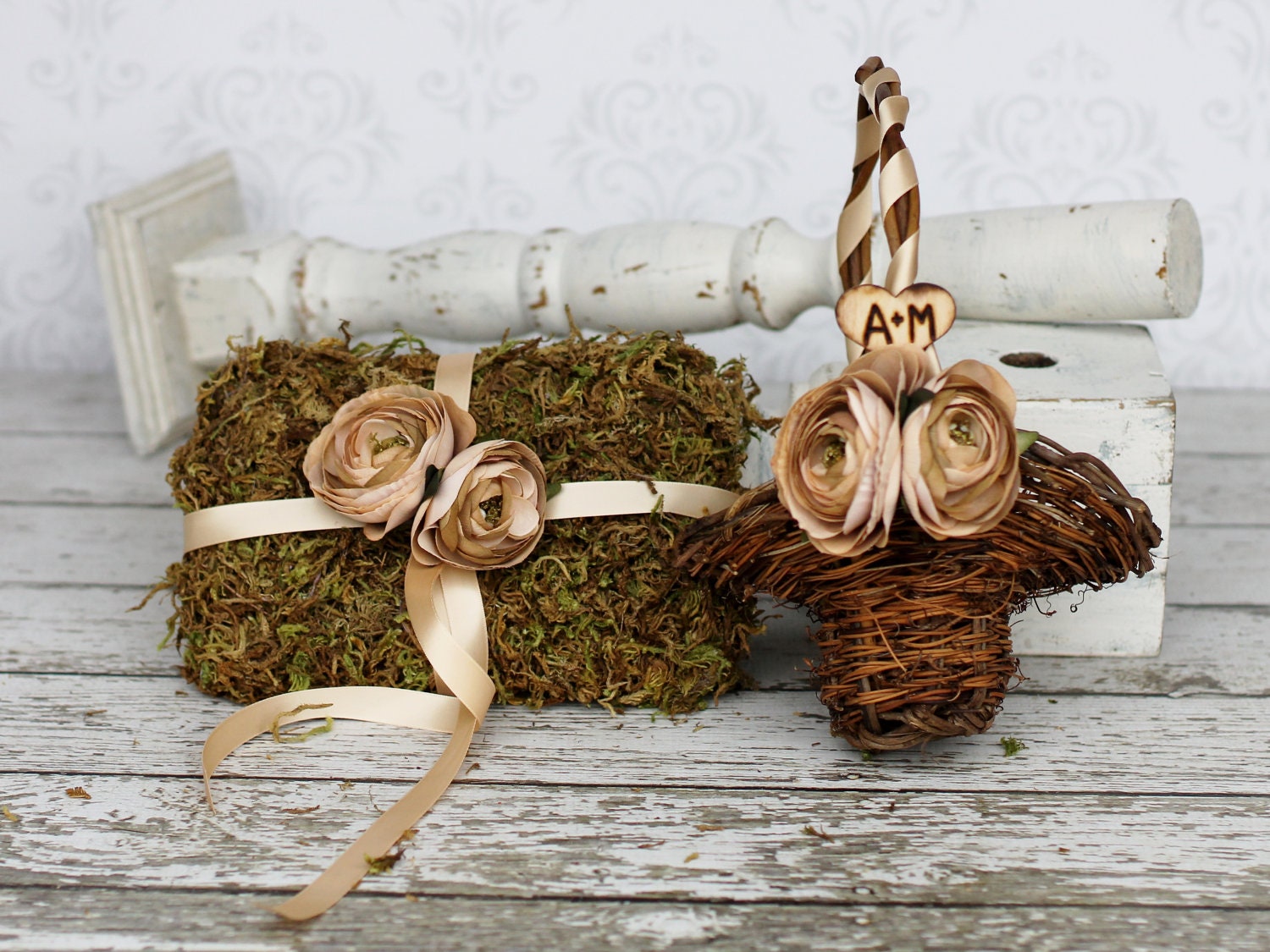 Wedding Ring Pillow Moss Ring Bearer Pillow AND Basket SET