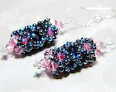 Rose Pink Amethyst Dark Indigo Swarovski Crystal Tudor Style Dangle Earrings Beadweaving Sterling Silver - "Her Majesty's Starship"