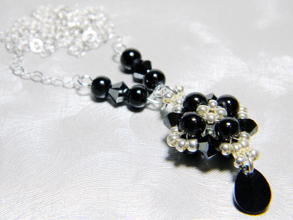 Black Glass Pearl and Swarovski Hematite 2X Necklace Silver Seed Beads Beadweaving Sterling Silver - "Melanie"