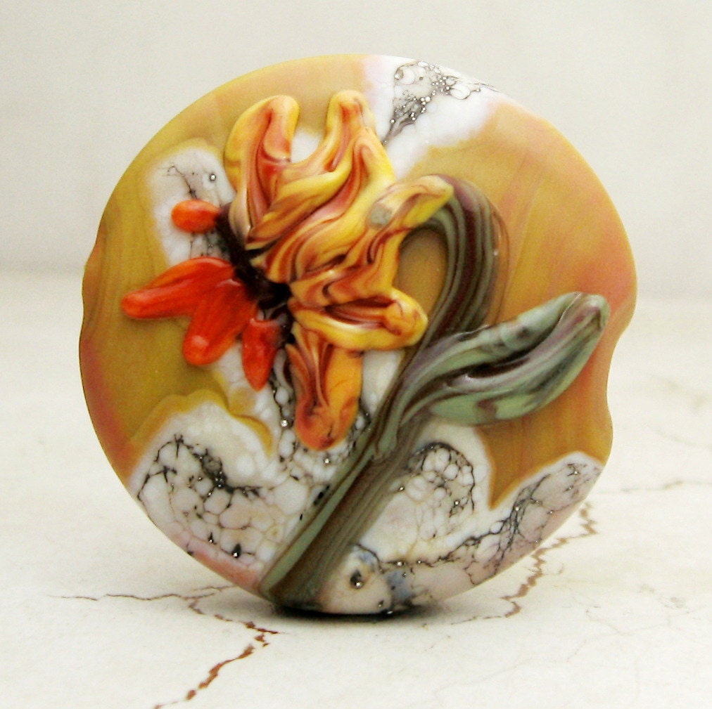 Handmade Lampwork Glass Bead Sunflower Lentil Focal Jewelry Supplies Garden Botanical Necklace Pendant SRA