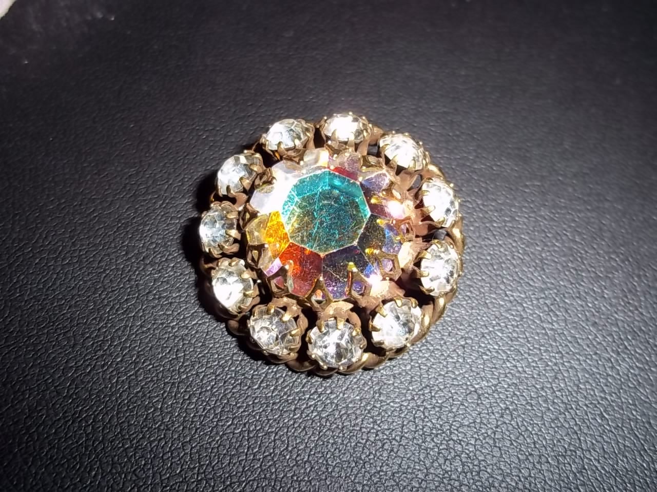 Vintage HUGE glass, rhinestone Button aurora borealis center, sparkles 1 1/4"