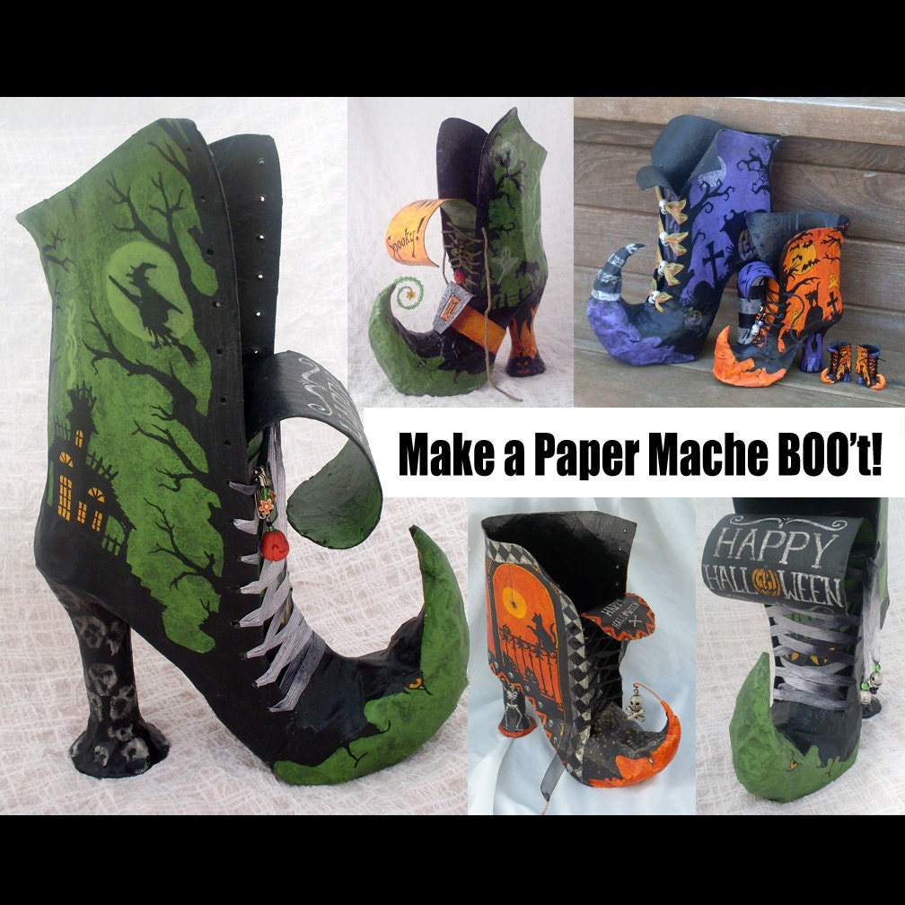 Cómo hacer un papel Mache Witch BOO't - PDF Paso a paso Boot decorativo Witch Modelo de contenedores y Tutorial para Halloween o todo el año