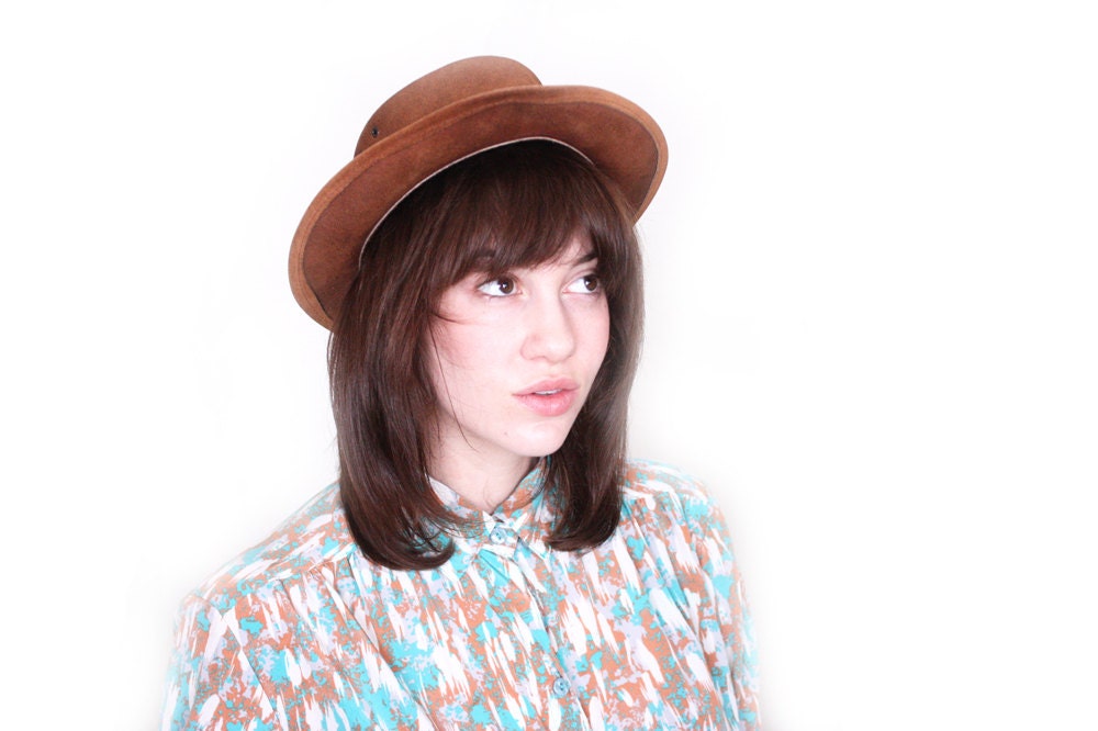Vintage 70s Brown Leather Hat with Brim  - Outback Australian Hat for Women or Kids