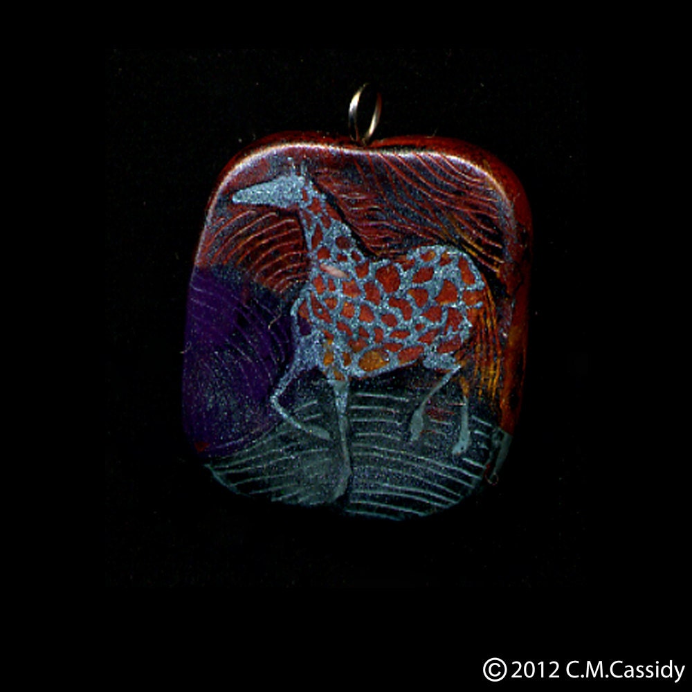 A Truly Crazy Sort of Horse Pendant. India Ink Drawing on Polymer Clay Jewelry. Blue, Gold, Violet, Aqua,Gold2792
