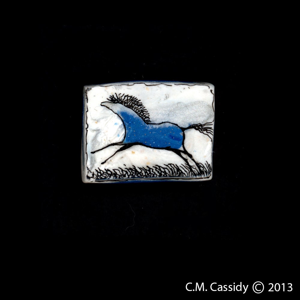 Wild Blue Pony Runs Away. Pin or Pendant. Original India Ink Drawing on Polymer Clay. White, Black and Blue 3120