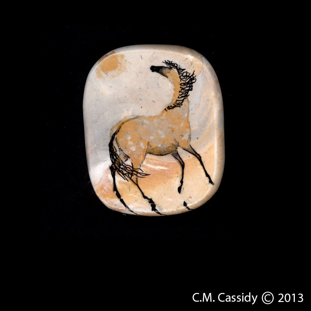 Gold Horse in the Sun Pin or Pendant. Original India Ink Drawing on Polymer Clay. Silver Grey, Golds, Black and White 3117