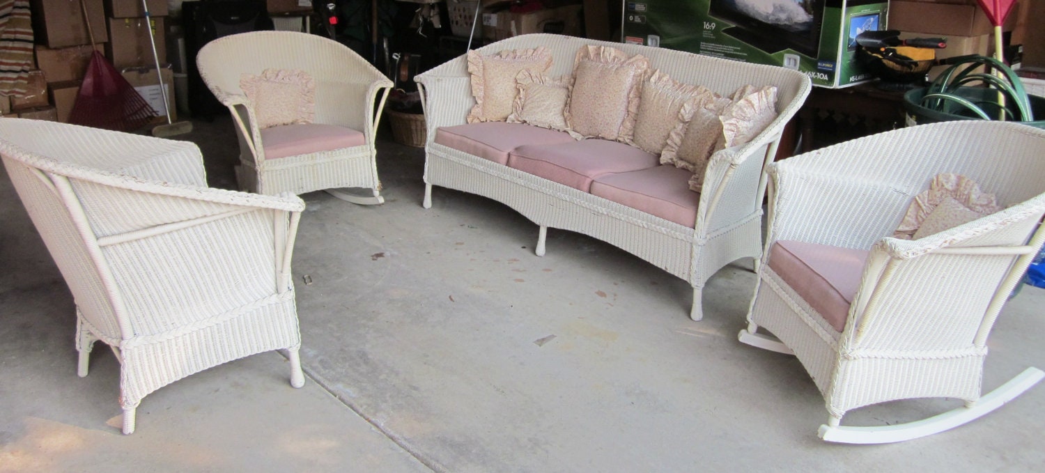 Sale Antique Wicker Furniture Set Couch Chairs in White Mauve Pink Cushions