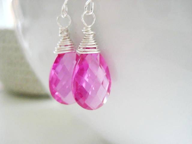 Hot Pink Quartz Faceted Pear Briolettes - Sterling Silver Wire Wrapped Earrings
