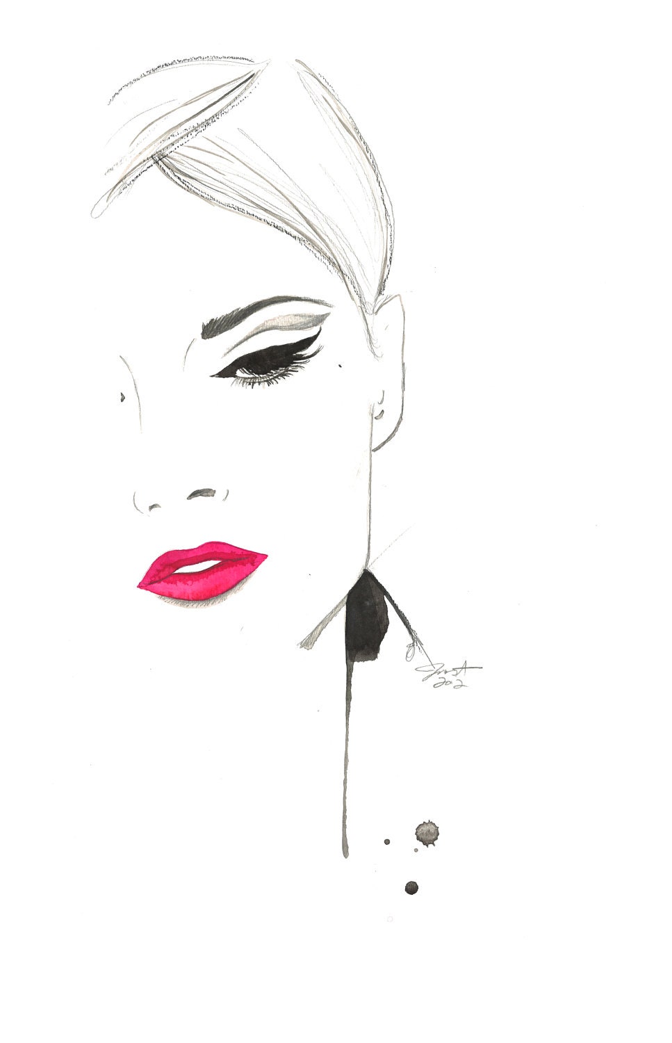 Print from original watercolor and pen fashion illustration by Jessica Durrant titled, The Cat's Eye