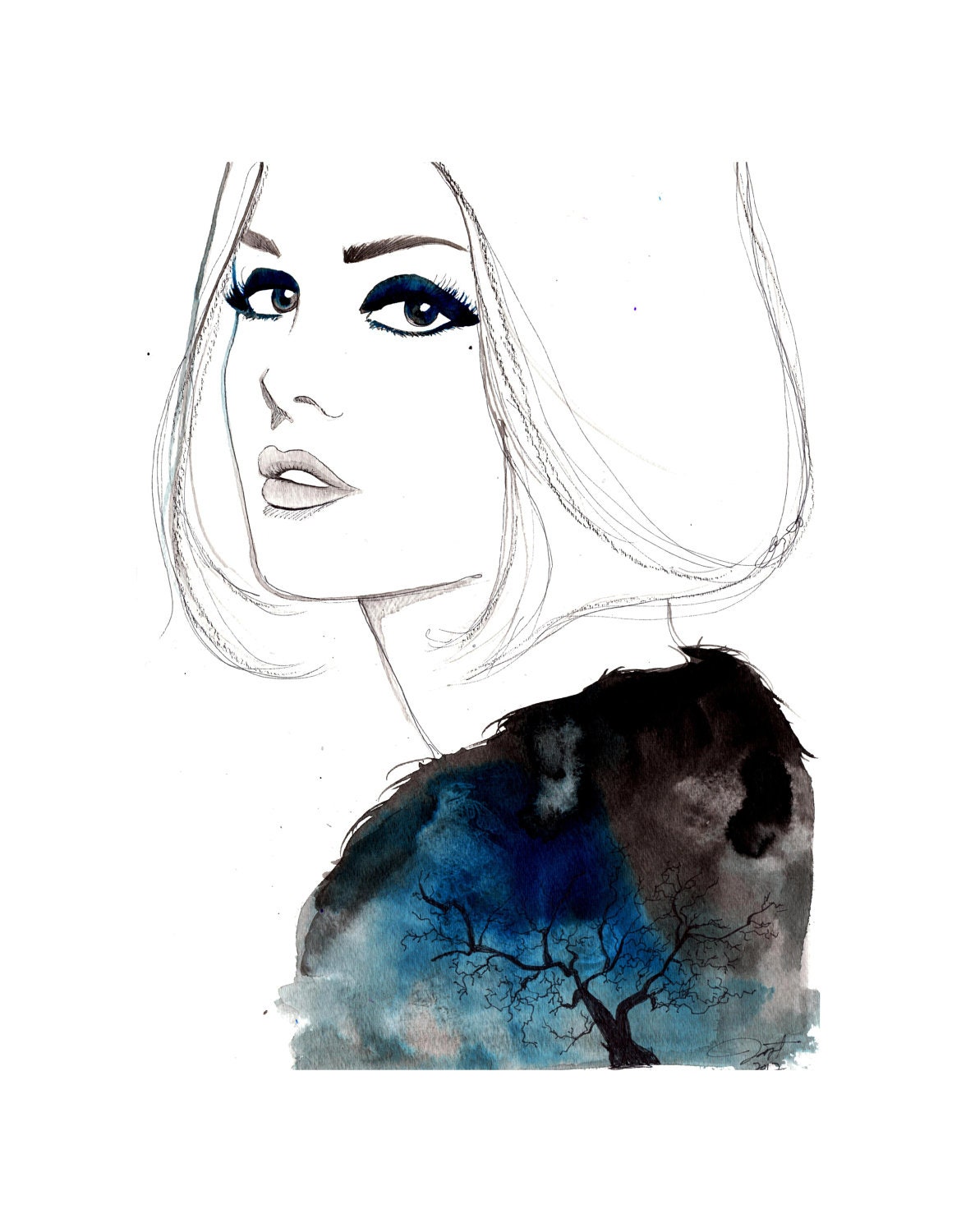 Original watercolor, pen, and charcoal illustration by Jessica Durrant titled, The Lone Tree