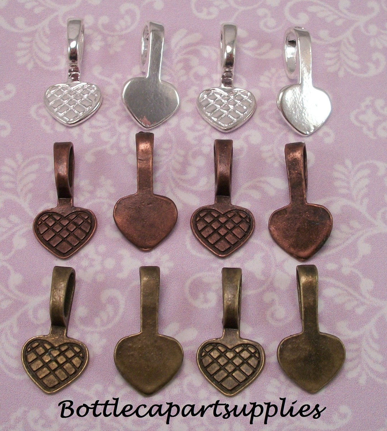 50 pcs. Medium Heart Glue on Bails  Mix and Match Antique Bronze, Silver, Antique Copper. Use on Scrabble Tiles, Bottle Caps, Glass Pendants