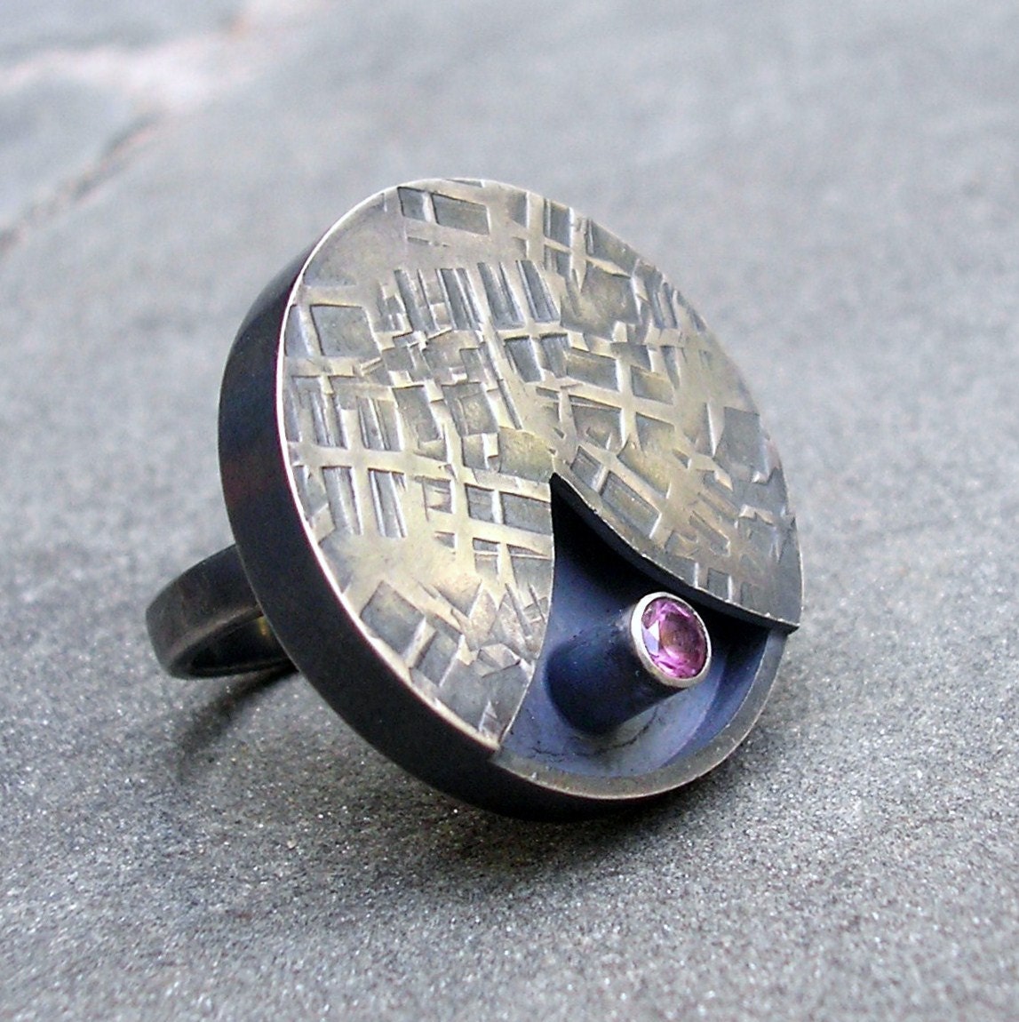 Pink Sapphire Ring.  Textured Sterling Silver.  Hand crafted.  US size 7