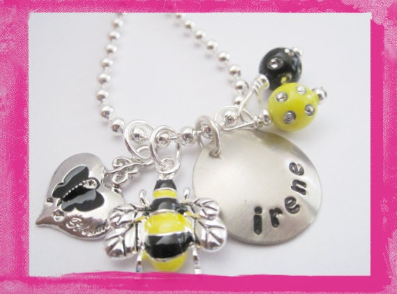 Personalized Charm Necklace - BUMBLE BEE - Hand Stamped Necklace by LillyEllen