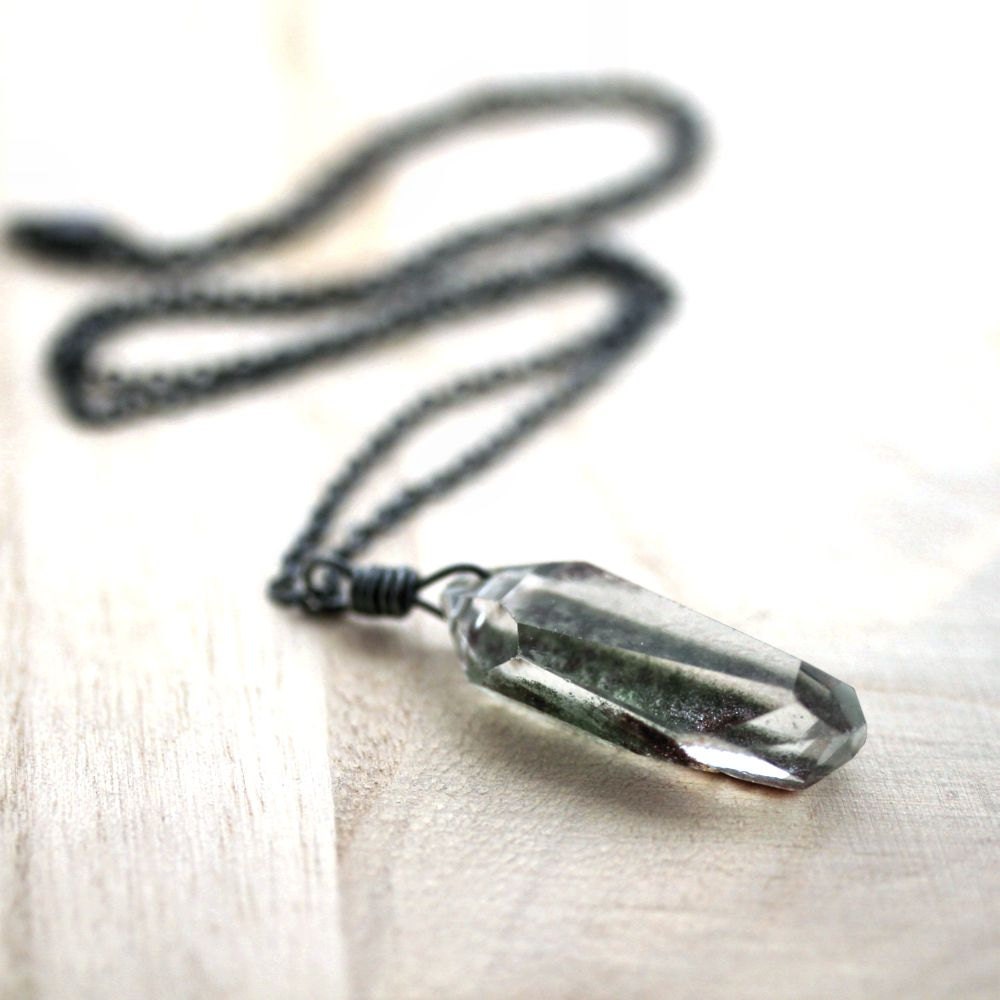 Phantom Quartz Necklace, Faceted Mossy Quartz Pendant Oxidized Sterling Silver Necklace - Hydroponic