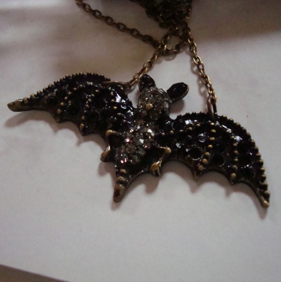 Haute Vampire Bat Necklace, Bronze Ox With Jet Black Rhinestones, Jeweled Jewelry