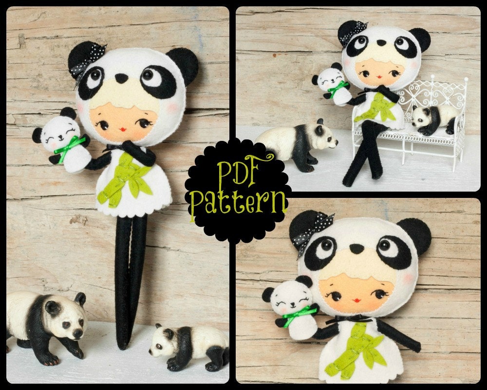 PDF. Panda bear girl with puppet. Plush Doll Pattern, Softie Pattern, Soft felt Toy Pattern.
