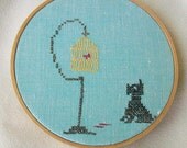 Hoop Wall Art Cross Stitch Embroidery Needlecraft  Vintage Linen Tea Towel Scottie Dog Bird Cage