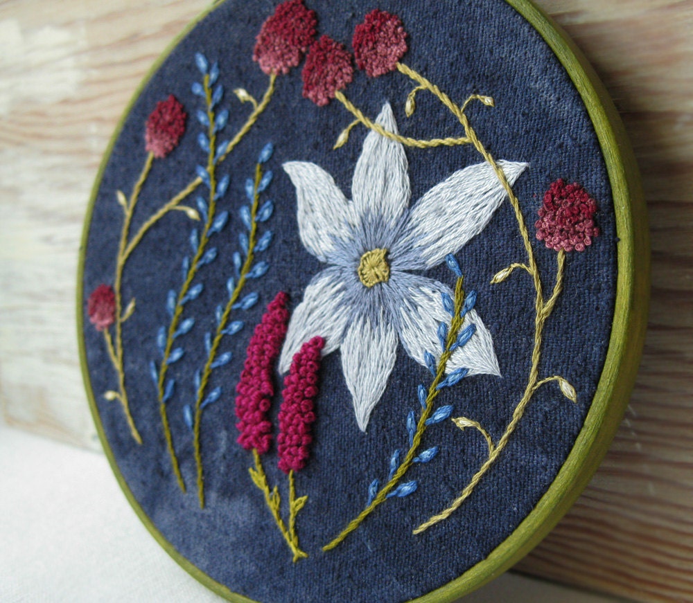 Wild Garden - Hand Embroidered Floral Wall Hanging in Blues, Pinks and Plums