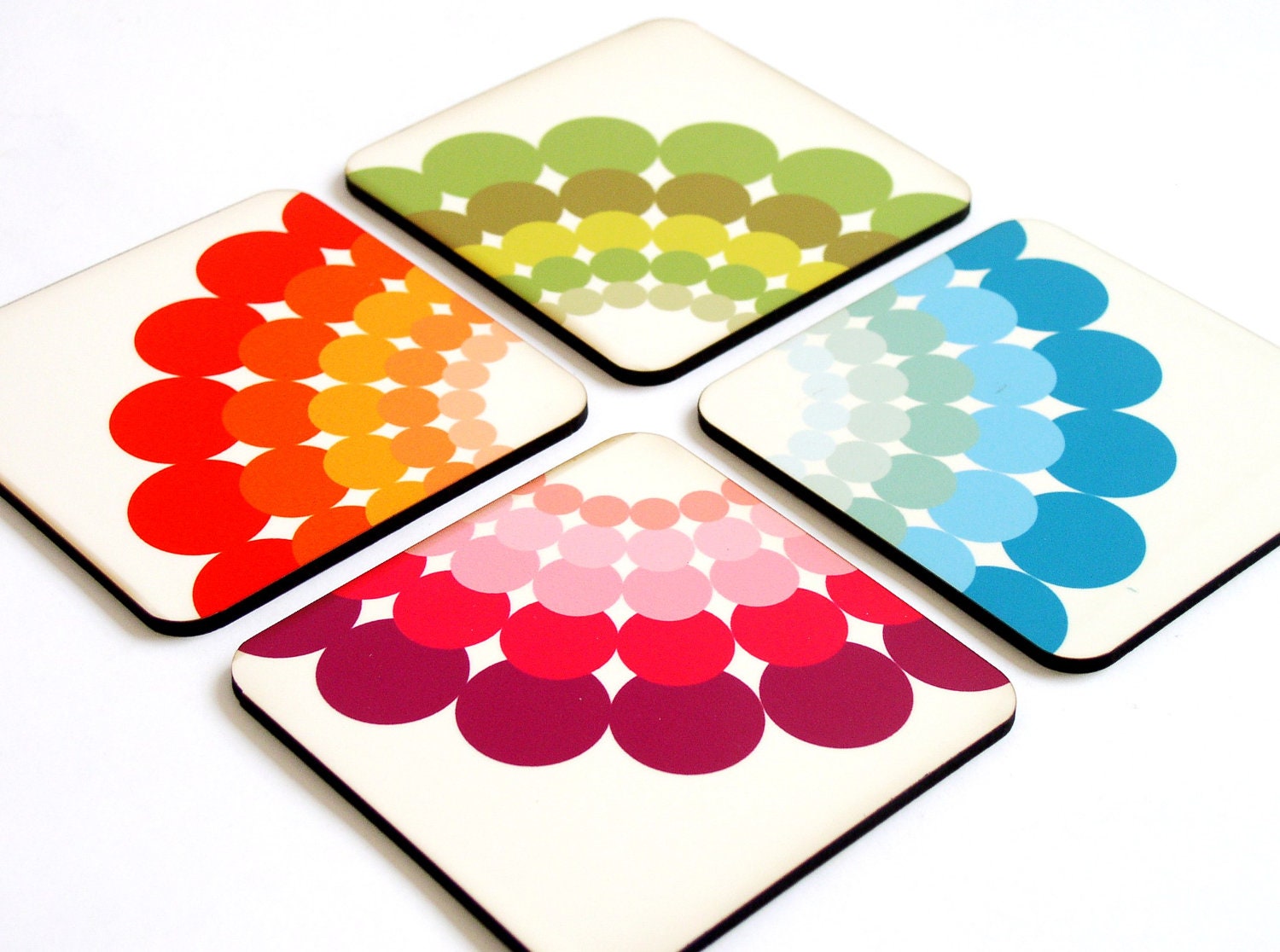 drink coaster set rainbow colored polka dots set of 4 coasters kitchen hostess gift idea under 25