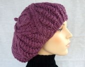 Hand Knit Hat - Cable Beret/tam/slouchy/cloche in purple,purple red,grape,vegan friendly
