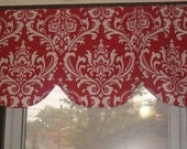 Lined scallop valance, 42 x 16 inches, damask red and white, custom sizes made to order