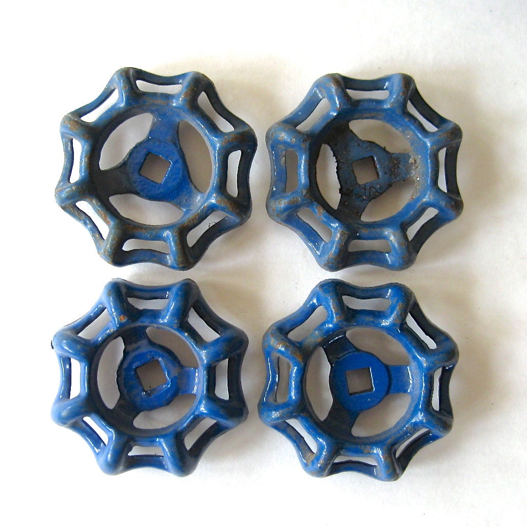 4 vintage faucet handles, blue, vintage faucet knobs, iron valve handles, group 224