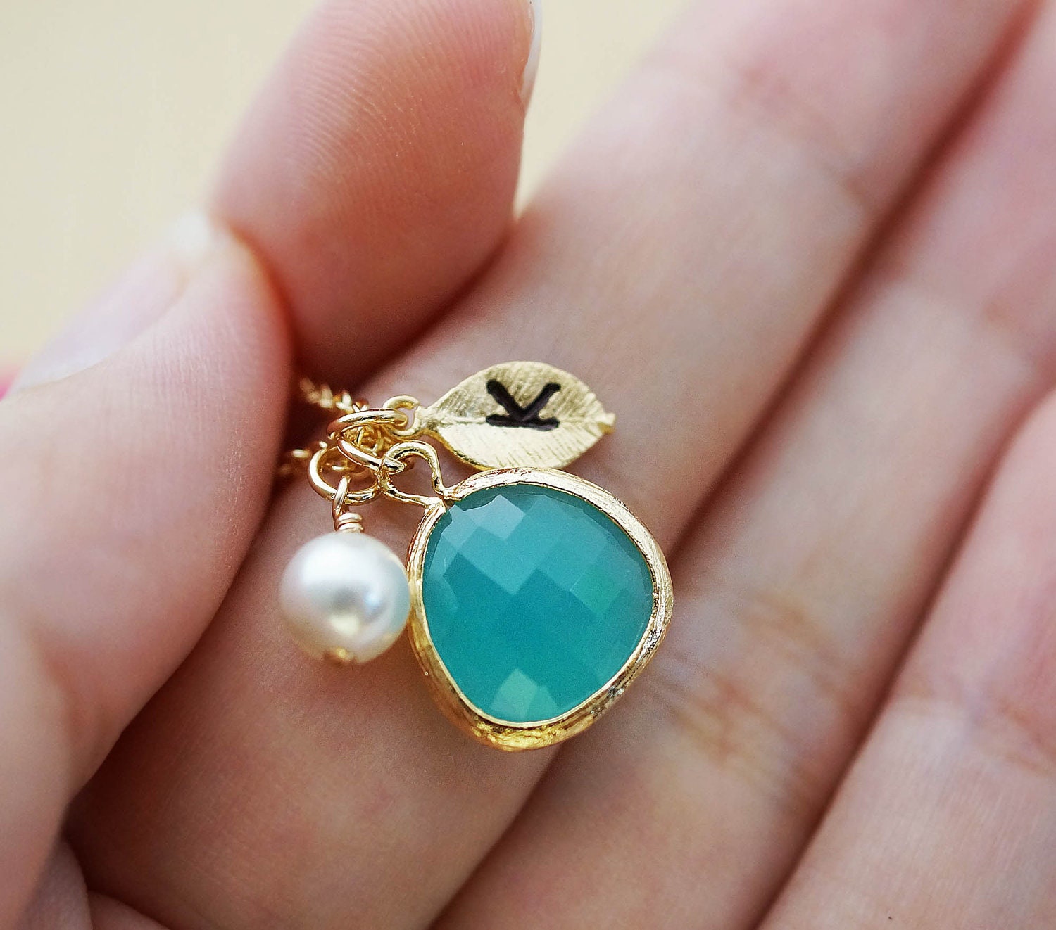 Initial necklace, Personalized Necklace, Mint Opal glass necklace with initial leaf and Swarovski Pearl, Christmas gifts, family necklace