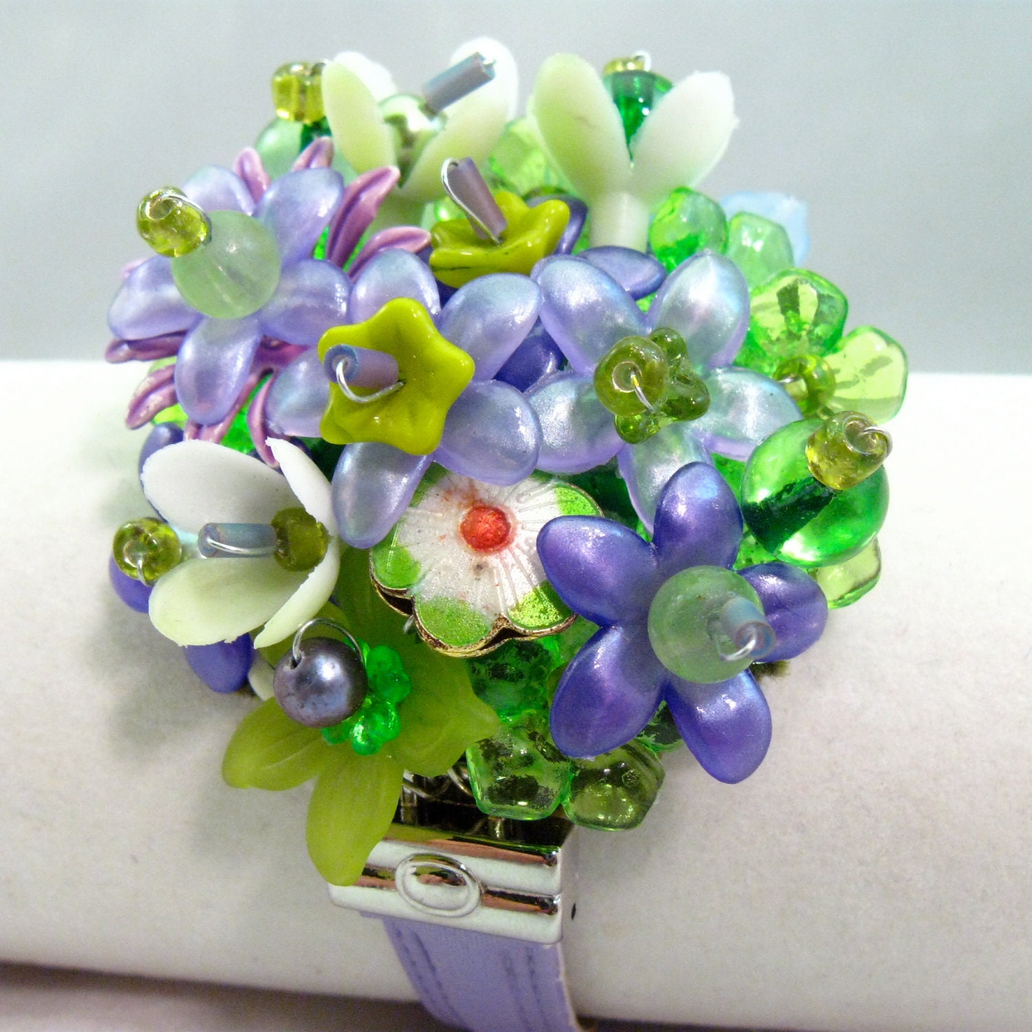 Purple statement bracelet, pastel lavender wristlet, flower corsage, vintage watchband  with wire beaded flower cluster