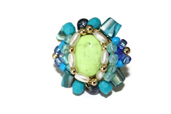 Gold Beaded Wire Wrapped Statement Ring with Lime Howlite, Turquoise Shell and Pearls