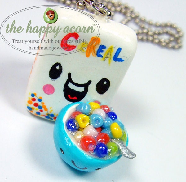 Kawaii Necklace HAPPY CEREAL and BOWL - Polymer Clay Charm Miniature Food Jewelry - Handmade by The Happy Acorn