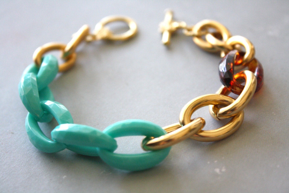Arm Candy - mint tortoise shell and gold link bracelet - gifts for her under 15
