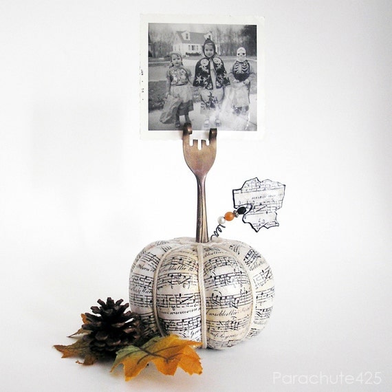 Shabby Chic Music Pumpkin 122, recycled fork photo holder, Halloween, decoupage, hostess gift