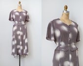 1970s dress / vintage 70s peplum dress / purple polka dot dress / Master of Illusion Dress