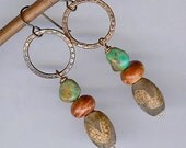 Antiqued Copper Hoop Earrings w- African Agate, Turquoise & Jasper Stones - Dangle Drop Beadwork Earrings, Earthy Bohemian Tribal Jewelry