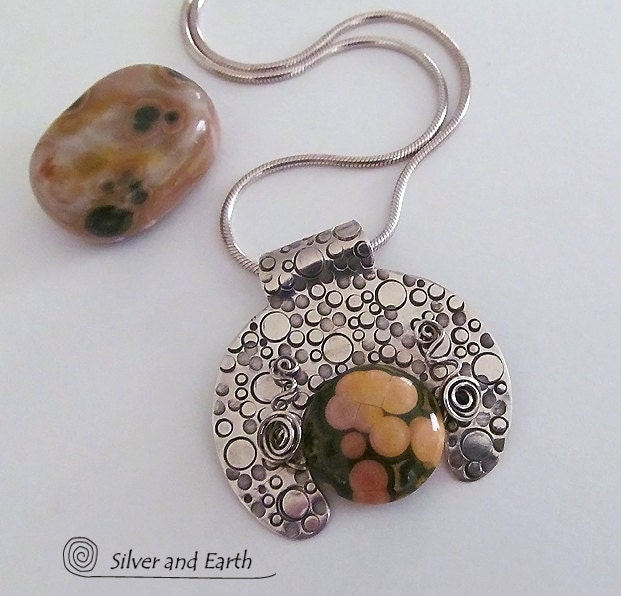 Ocean Jasper Necklace, Sterling Silver Pendant Necklace, Metalwork Necklace, One of Kind Jewelry, Unique Earthy Natural Stone Jewelry