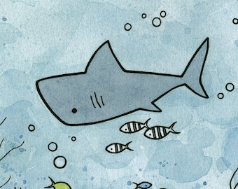 Sharks Ocean Reef Illustration - 8x10 Print