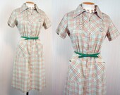 1950s Dress - Vintage 50s Cotton Tan Aqua Plaid Day House L - Top Made