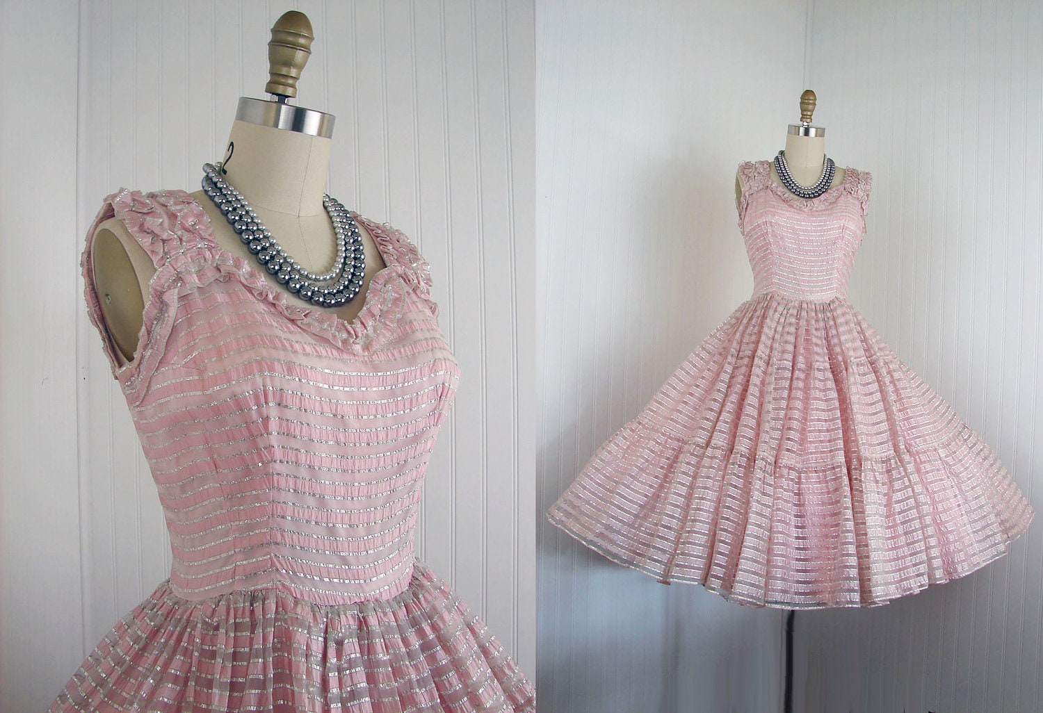 1950s Dress - Vintage 50s French Couture Dress Pink Silver Chiffon Party Prom Wedding S M - Moulin Rouge - The French Collection