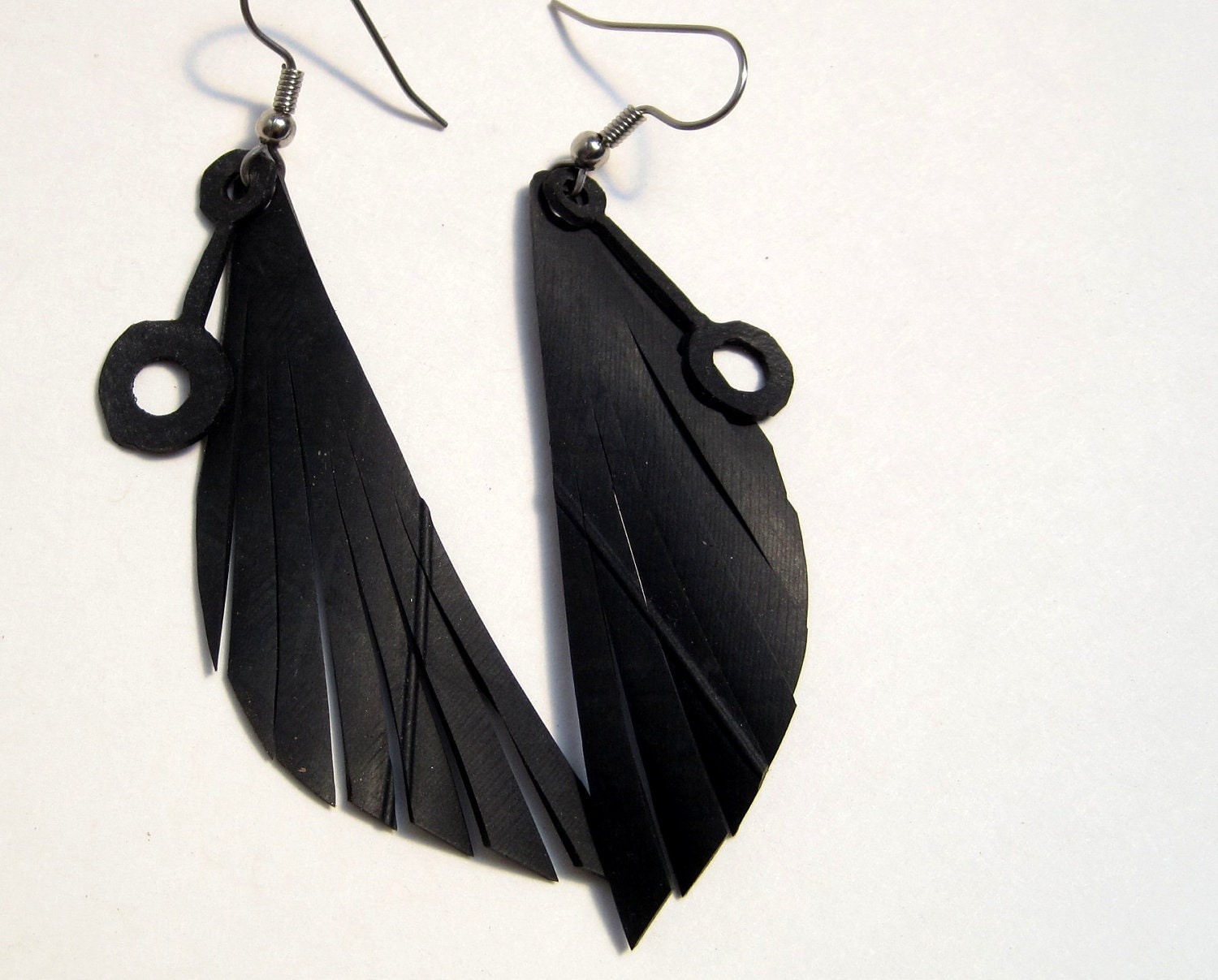 Kinetic Droplet Feather Bicycle Rubber Earrings Geometric Upcycled Jewelry