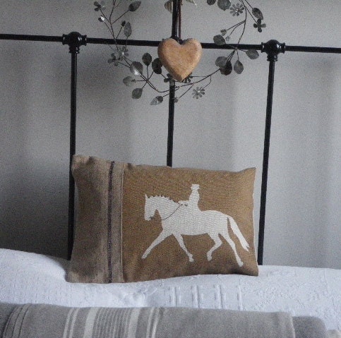 Handprinted dressage horse and rider cushion