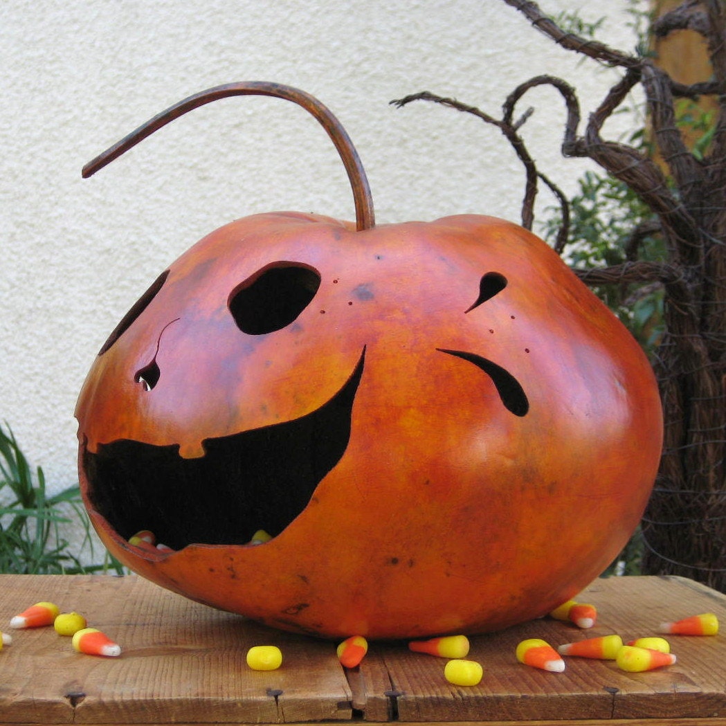 Halloween Gourd Jack- O-Lantern Natural Carved Spooky Fall Decoration Centerpiece Candy Bowl