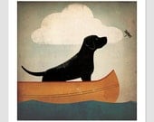 Black Dog Labrador Retriever Canoe Ride  GRAPHIC ILLUSTRATION giclee print SIGNED Framed 20x20
